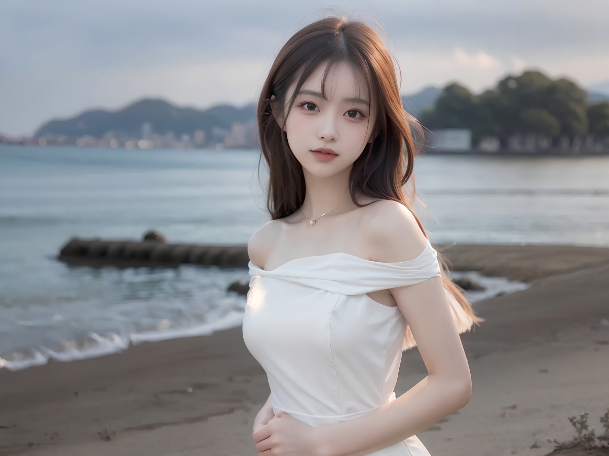 AI绘画佳作，海边清纯美女，白裙飘逸，超清平板壁纸2732x2048，一键下载