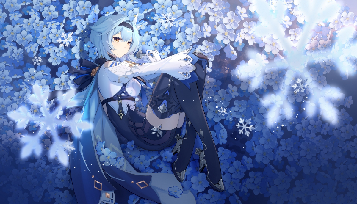 原神优菈，蓝色发丝与花影，雪花飘零唯美画面，4K高清壁纸畅享下载