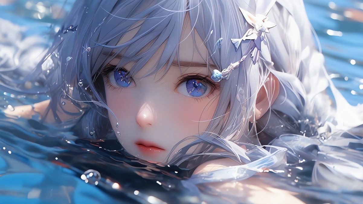 AI绘画佳作，蓝眸银发动漫少女水中倩影，4K超清壁纸，3840x2160高清下载