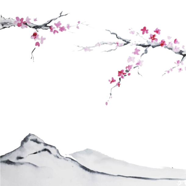 中国风桃花山水PNG透明图片，高清装饰元素，设计素材免费下载