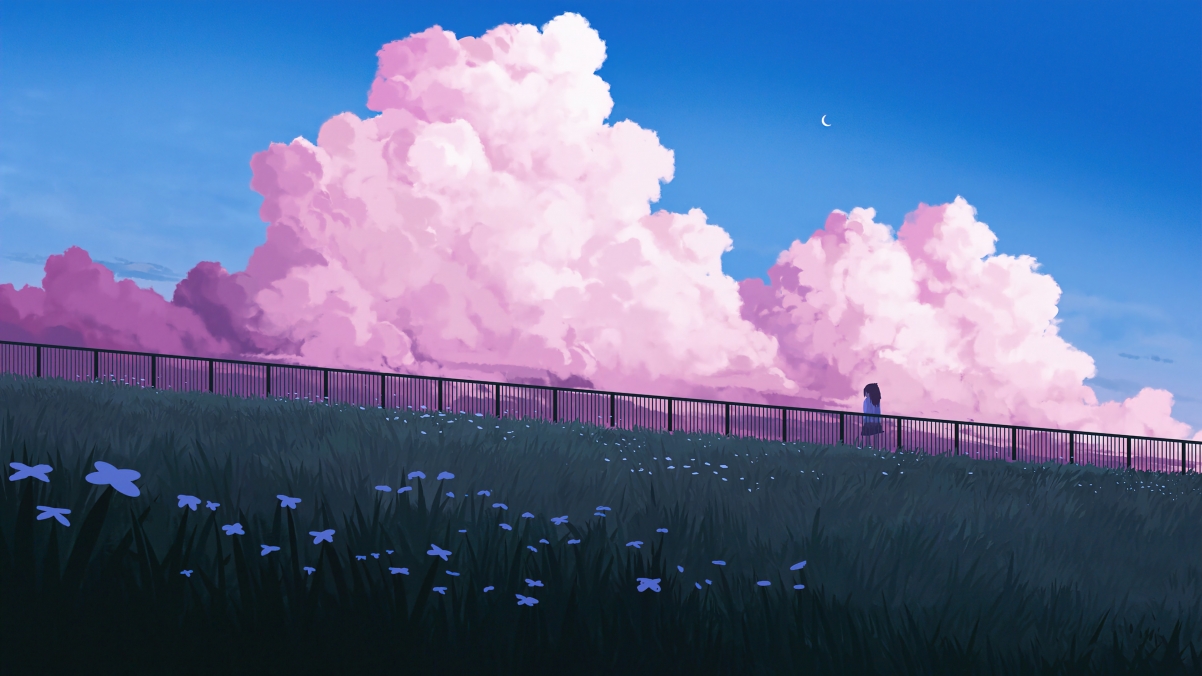 田野云漫，动漫女孩倚栏观花，绝美天空4K壁纸，高清3840x2160下载