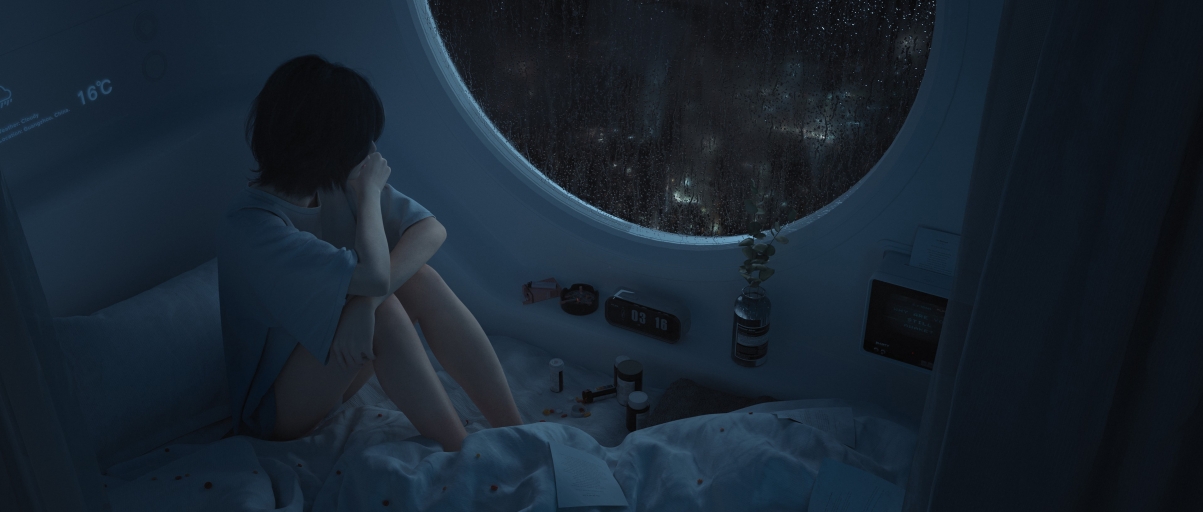 雨夜短发女孩卧室，圆形玻璃窗外雨滴轻敲，床铺整洁，被子温馨，5K高清动漫壁纸下载