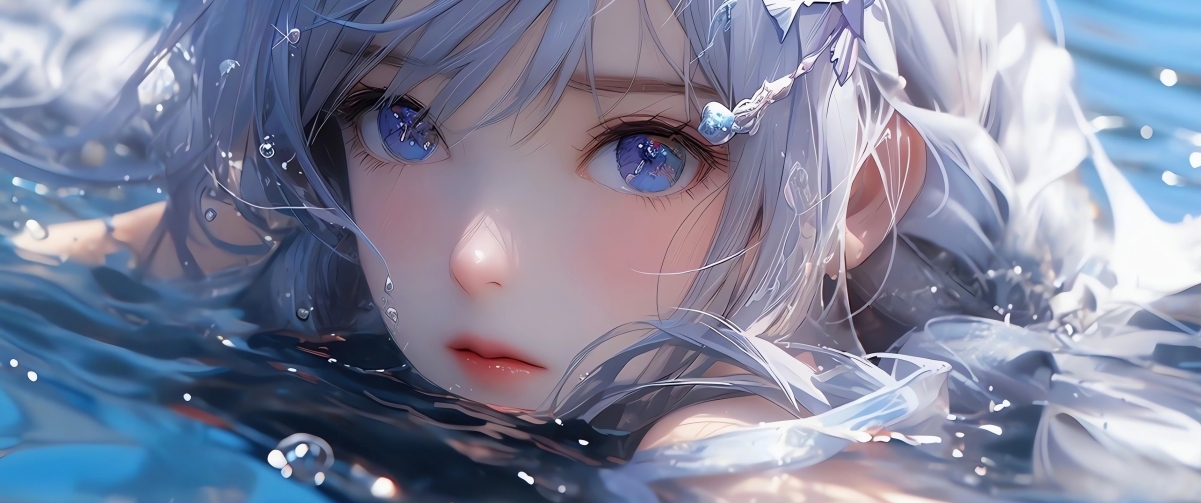 AI绘制蓝眸长发动漫女神，水中倩影4K超清壁纸，3440x1440分辨率畅享下载