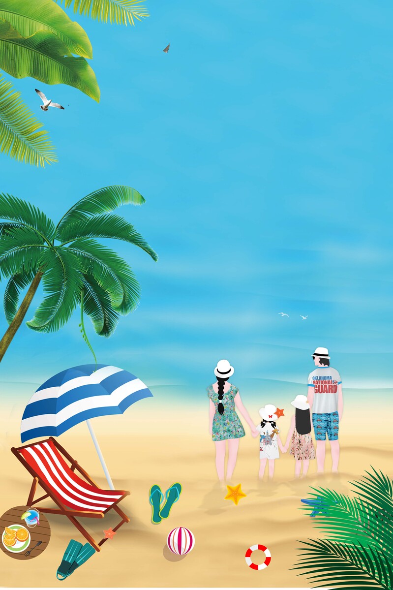你好夏天蓝色卡通海报，高清JPG与手绘PSD设计素材下载
