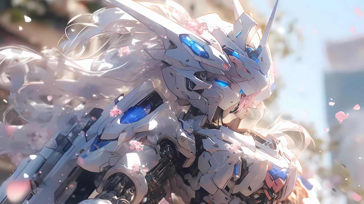 机甲少女蓝眸铠甲，花瓣绽放4K超清壁纸，高清动漫美图下载