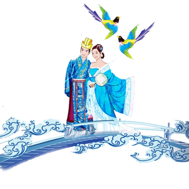 牛郎织女鹊桥相会，高清PNG透明图片，情人节节日元素设计素材下载