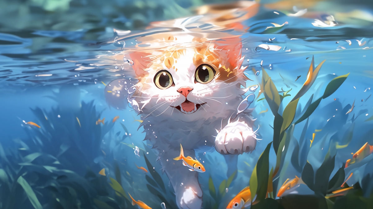 游泳萌猫AI绘，可爱4K壁纸下载，高清动漫图片尽享