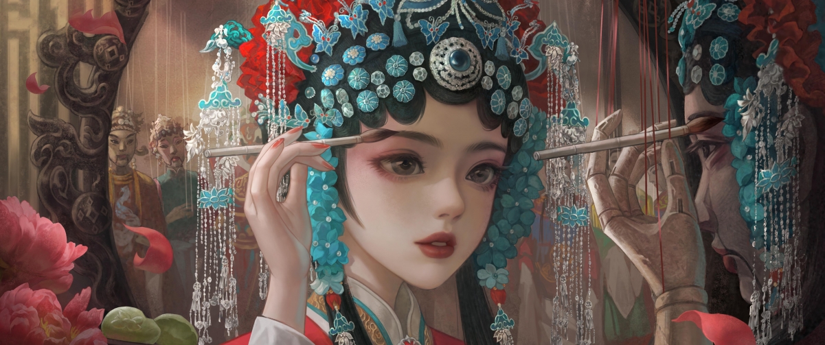纸嫁衣戏子美女，超清4K带鱼屏壁纸，3440x1440分辨率动漫美图，免费下载