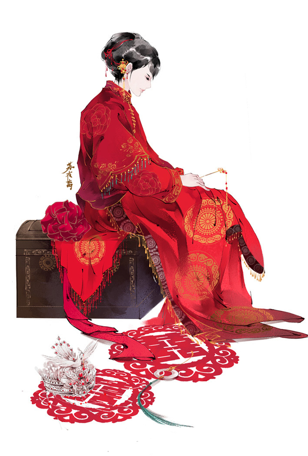 结婚喜庆日，待嫁红衣女子PNG透明背景卡通手绘素材下载