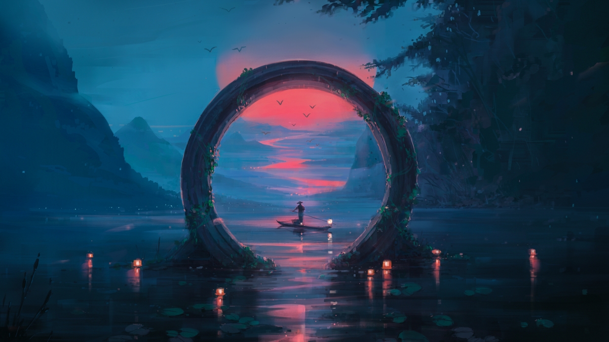 星际之门4K风景壁纸，船影灯光日落水景，高清插图艺术，3840x2160下载