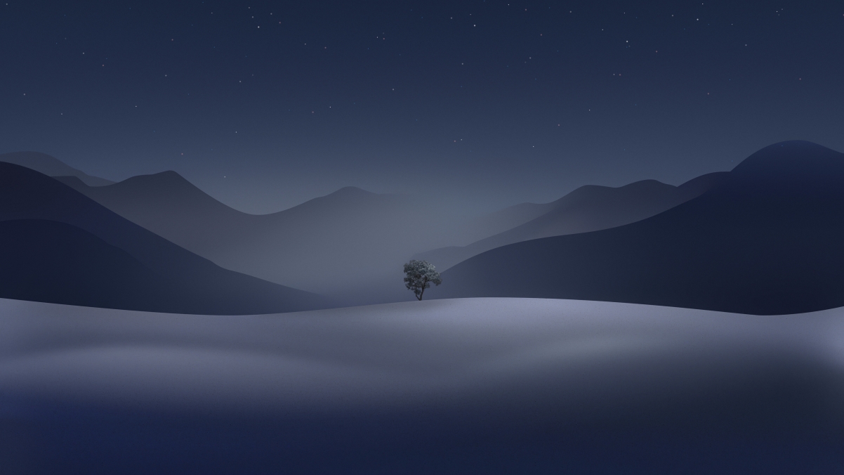 极简苹果风景，山脉树木星空，4K高清夜景壁纸，3840x2160下载