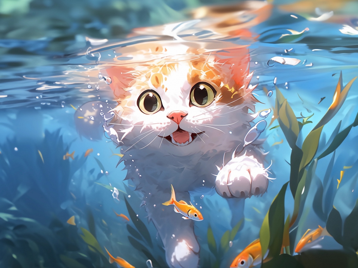 游泳萌猫AI平板壁纸，高清2732x2048大图，一键下载！