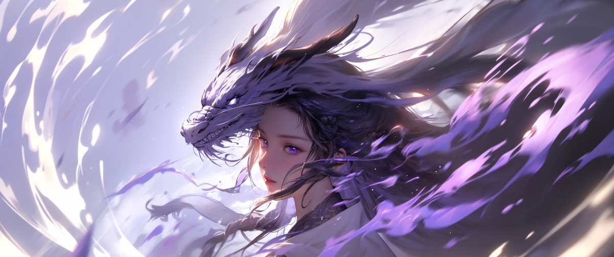 赛博风AI水墨三玄色动漫女孩，3440x1440超高清4K壁纸下载