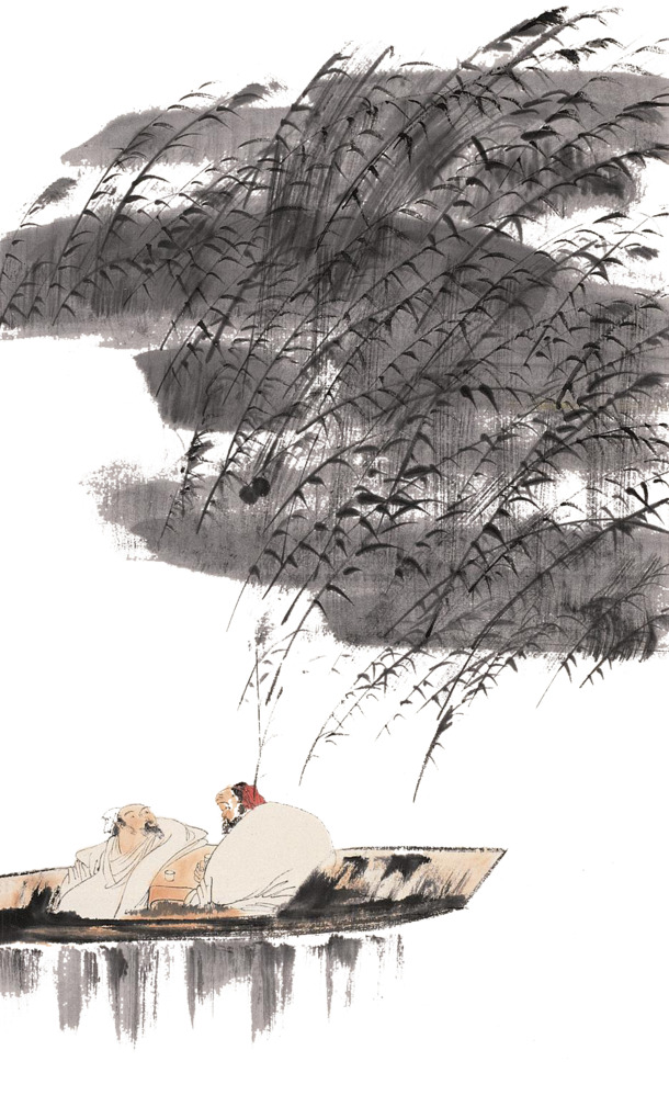 行舟芦苇荡水墨画，高清PNG透明图片，笔触装饰元素，免费下载