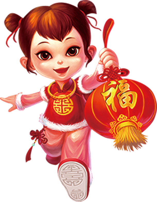 小女孩提福字灯笼PNG透明图片，高清节日元素，元旦春节元宵素材下载