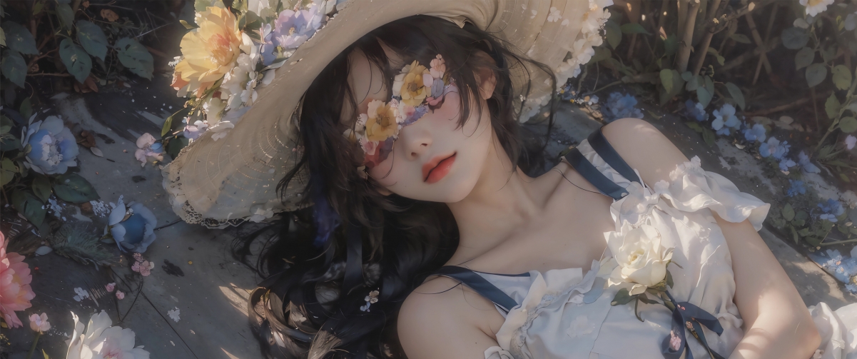 二次元美女动漫壁纸，鲜花与帽子主题，4K高清带鱼屏3440x1440，免费下载