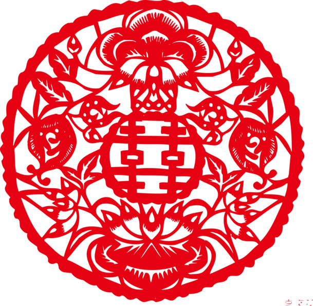 圆形红色喜字帖PNG透明高清素材，花纹装饰元素，免费下载