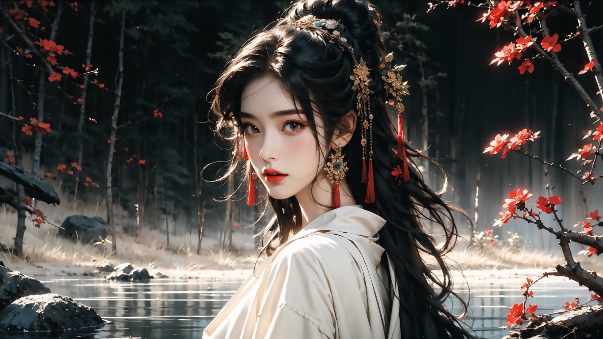 AI古风美女，白衣红妆，林间水畔，绝美4K动漫壁纸下载