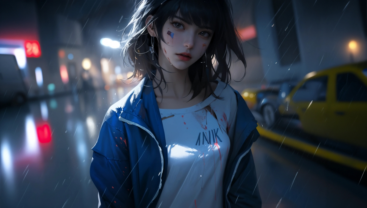 雨夜街头短发美女，个性蓝色外套抢眼，4K高清动漫壁纸下载