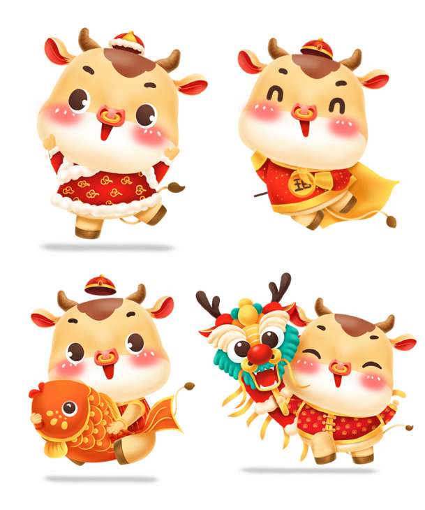 春节卡通牛年PNG透明图片，高清节日元素，新年设计素材下载