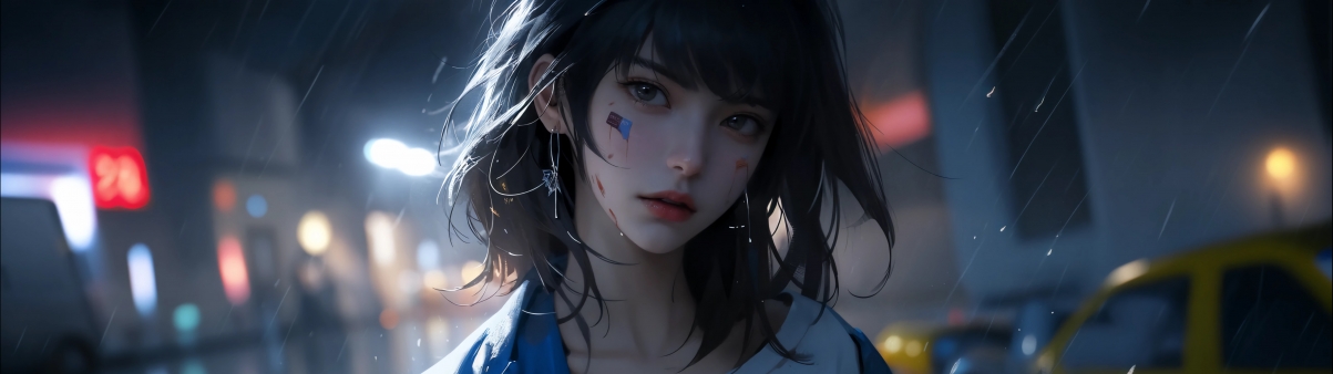 雨夜短发少女，蓝色外套彰显个性，5120x1440高清双屏4K动漫壁纸下载