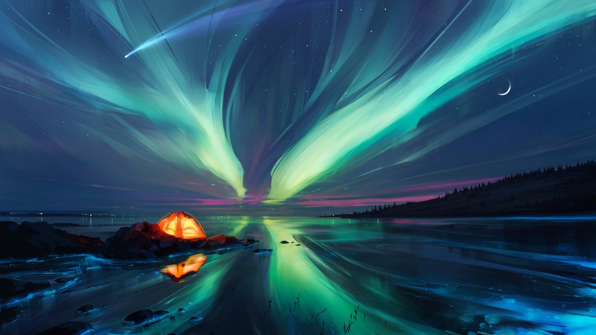 极光星空绘画，河流美景尽收眼底！高清4K风景壁纸，3840x2160分辨率，畅享视觉盛宴！