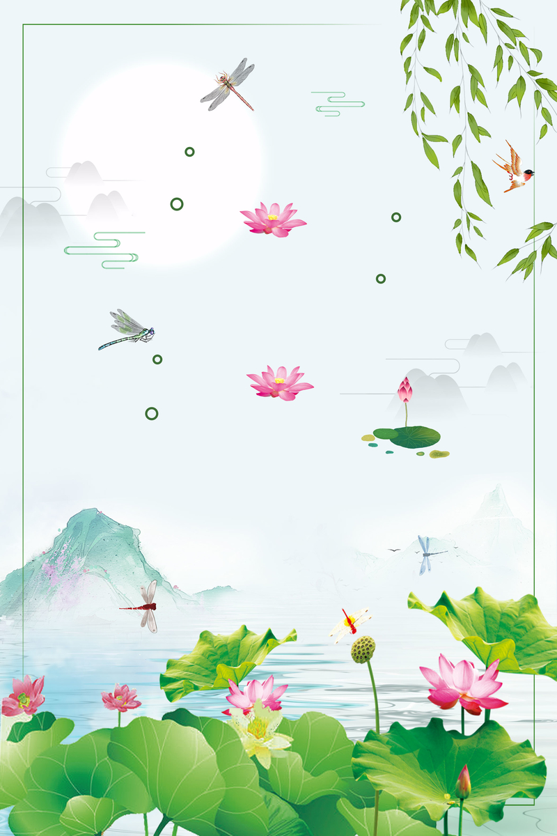 中国风荷塘月色荷花背景，复古高清JPG图片素材，免费下载