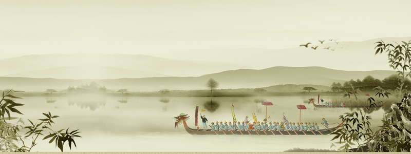 端午节龙船海报，复古水墨风，高清JPG/PSD下载
