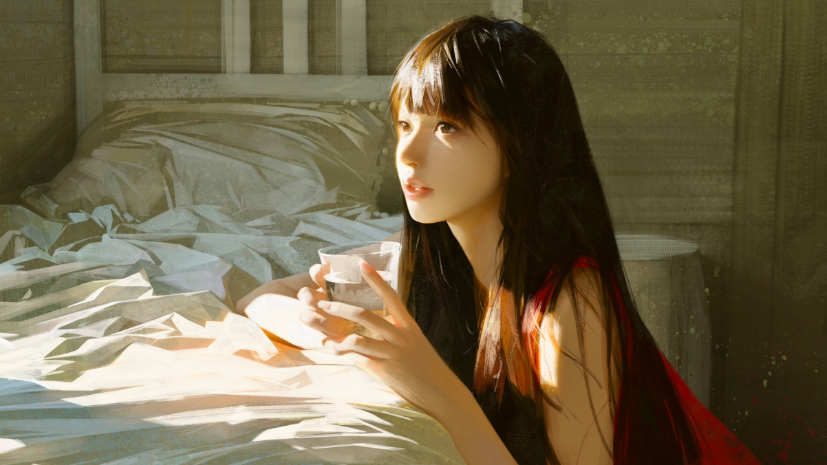 阳光洒满绘画房间，长发女孩与床共融，绝美室内4K动漫壁纸高清下载