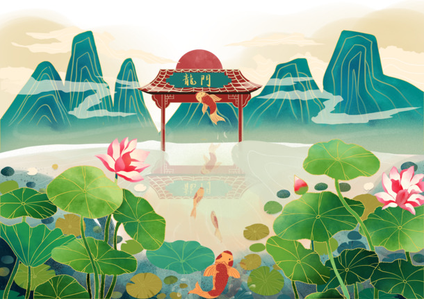 手绘国潮荷花荷叶PNG/PSD素材，高清透明，卡通手绘元素，免费下载