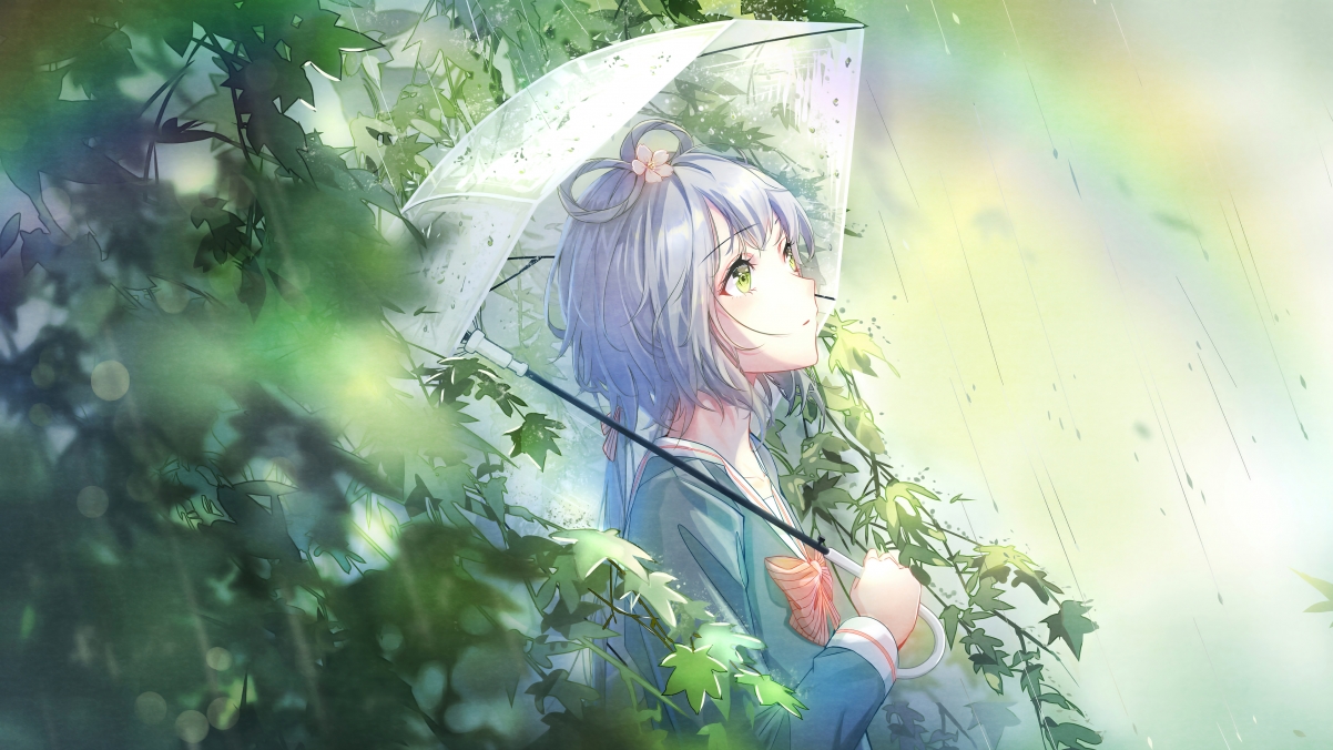 雨润绿意，女孩撑伞漫步，唯美4K动漫壁纸，高清3840x2160下载