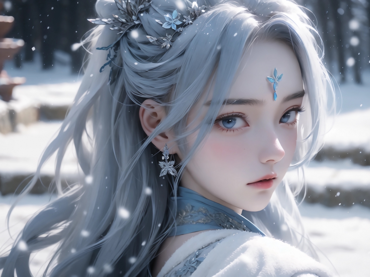 雪中白发少女动漫形象，高清平板电脑壁纸2732x2048，免费下载
