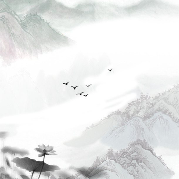 荷花飞鸟水墨画PNG透明图，中国风装饰元素，高清下载