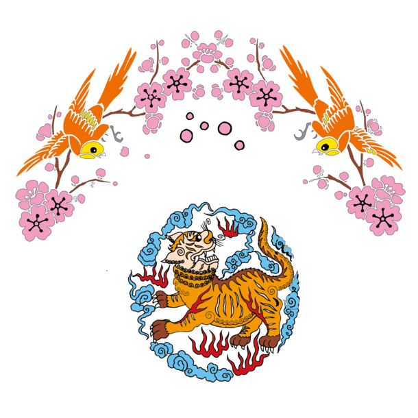 传统喜鹊老虎梅花矢量图，高清PNG透明素材，节日元素丰富，情人节设计必备，免费下载
