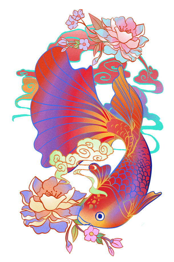 国潮风锦鲤插画PNG透明图，高清中国风装饰元素，设计素材免费下载