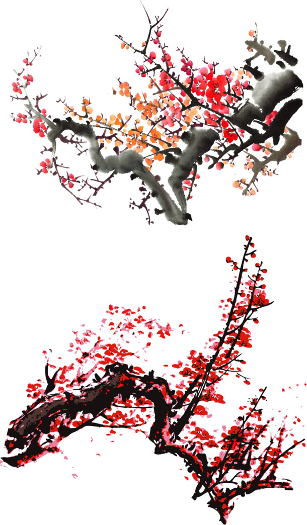 水墨梅花PNG透明图，高清笔触装饰元素，设计素材免费下载