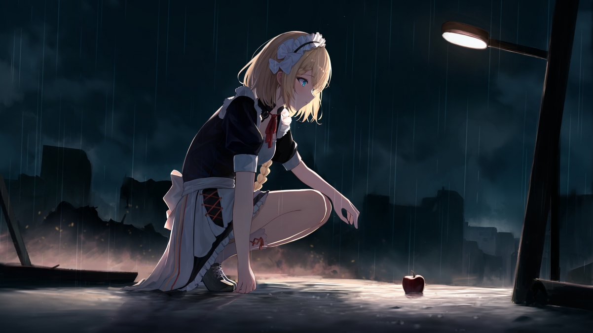 动漫女仆女孩蹲姿赏苹果，雨夜路灯映照，4K高清壁纸免费下载