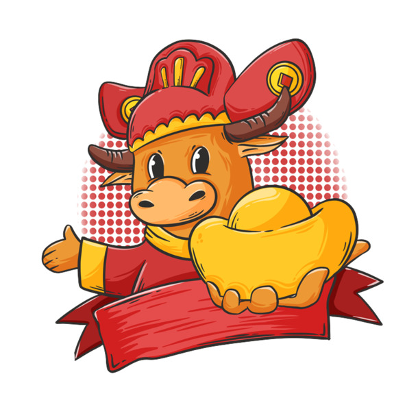 免费下载财神牛送金元宝高清PNG透明图片，元旦春节元宵节日设计素材PSD格式