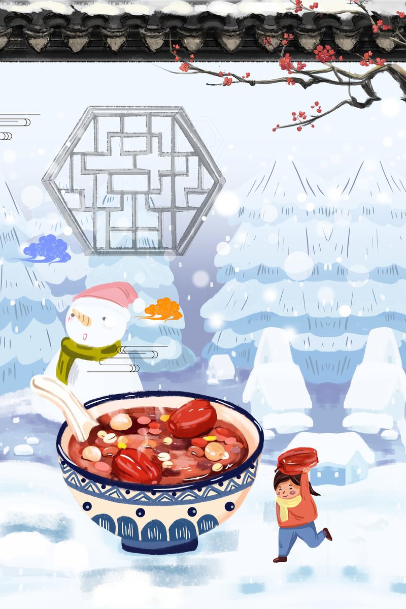 腊八节手绘素材，红枣雪人腊八粥，梅花屋檐复古中国风，高清JPG/PSD下载