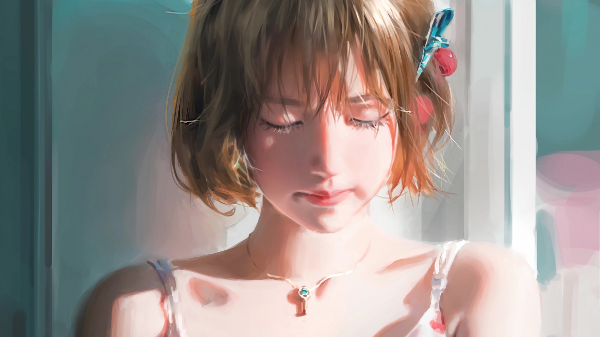 唯美女孩闭眼短发4K动漫壁纸，高清3840x2160下载，绘画艺术之作