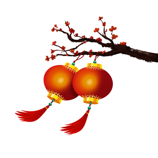新年梅花灯笼手绘PNG，高清透明节日元素，元旦春节元宵PSD素材下载