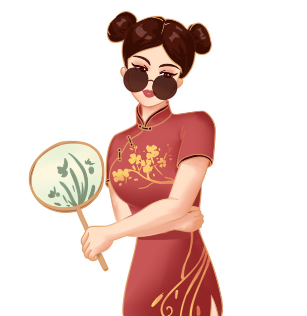 旗袍手绘，蒲扇国潮，高清PNG透明图片，卡通手绘元素PSD设计素材下载