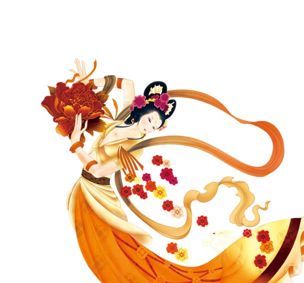 中秋节手绘古典美女PNG透明图，高清节日元素，设计素材免费下载