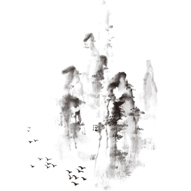 水墨山水意境PNG透明图，高清墨迹笔触，创意装饰元素下载