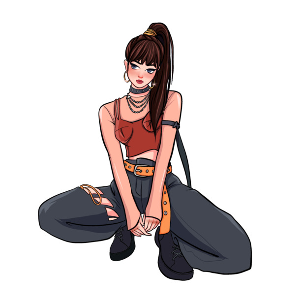 国潮蹲着女孩PNG素材，高清透明装饰元素，中国风图片设计资源下载