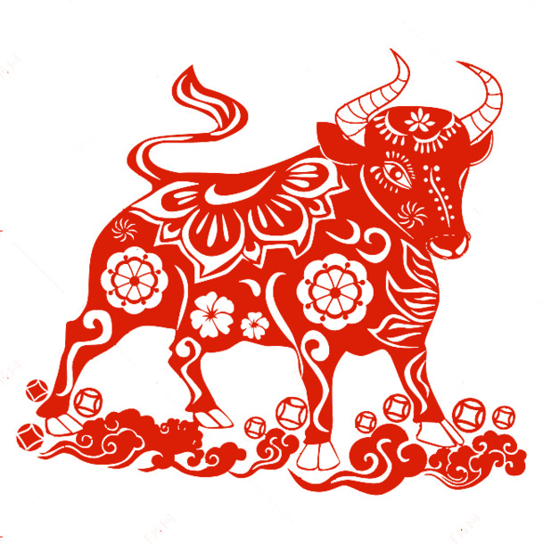 新年剪纸牛PNG高清透明图片，中国风装饰元素，设计素材免费下载