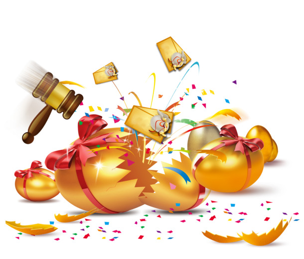 金蛋破现金出，手绘卡通PNG透明图片，设计素材免费下载