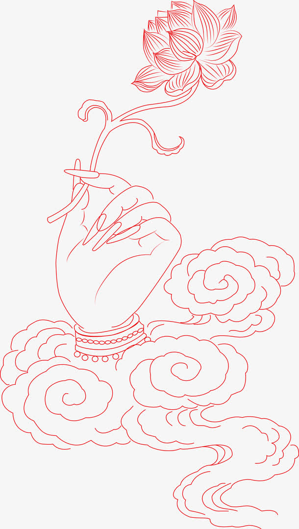 手绘佛手莲花线稿PNG，高清透明卡通元素，设计素材免费下载