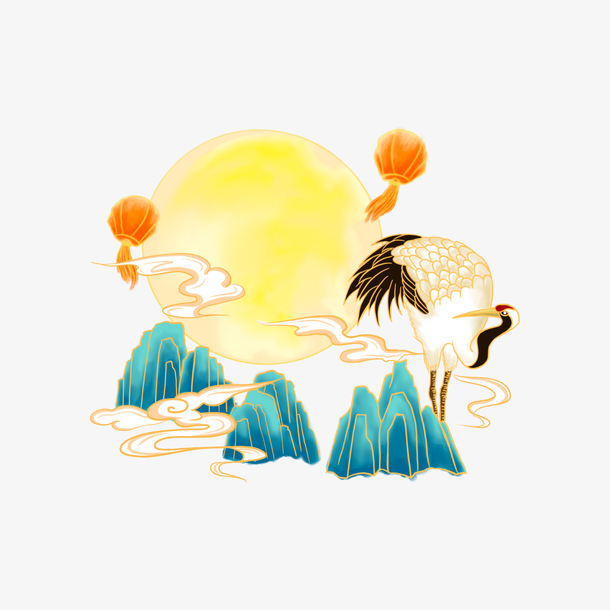 中秋佳节，仙鹤山岳PNG透明图片，高清节日元素，设计素材免费下载