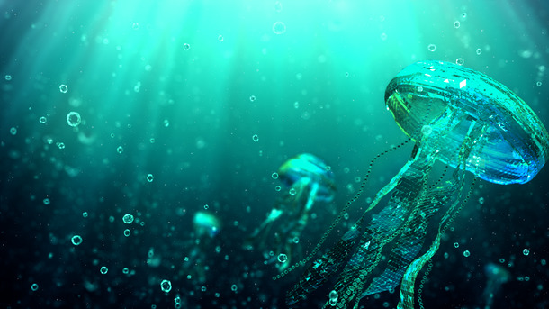 蓝色透明水母高清PNG背景，创意banner海报设计素材下载